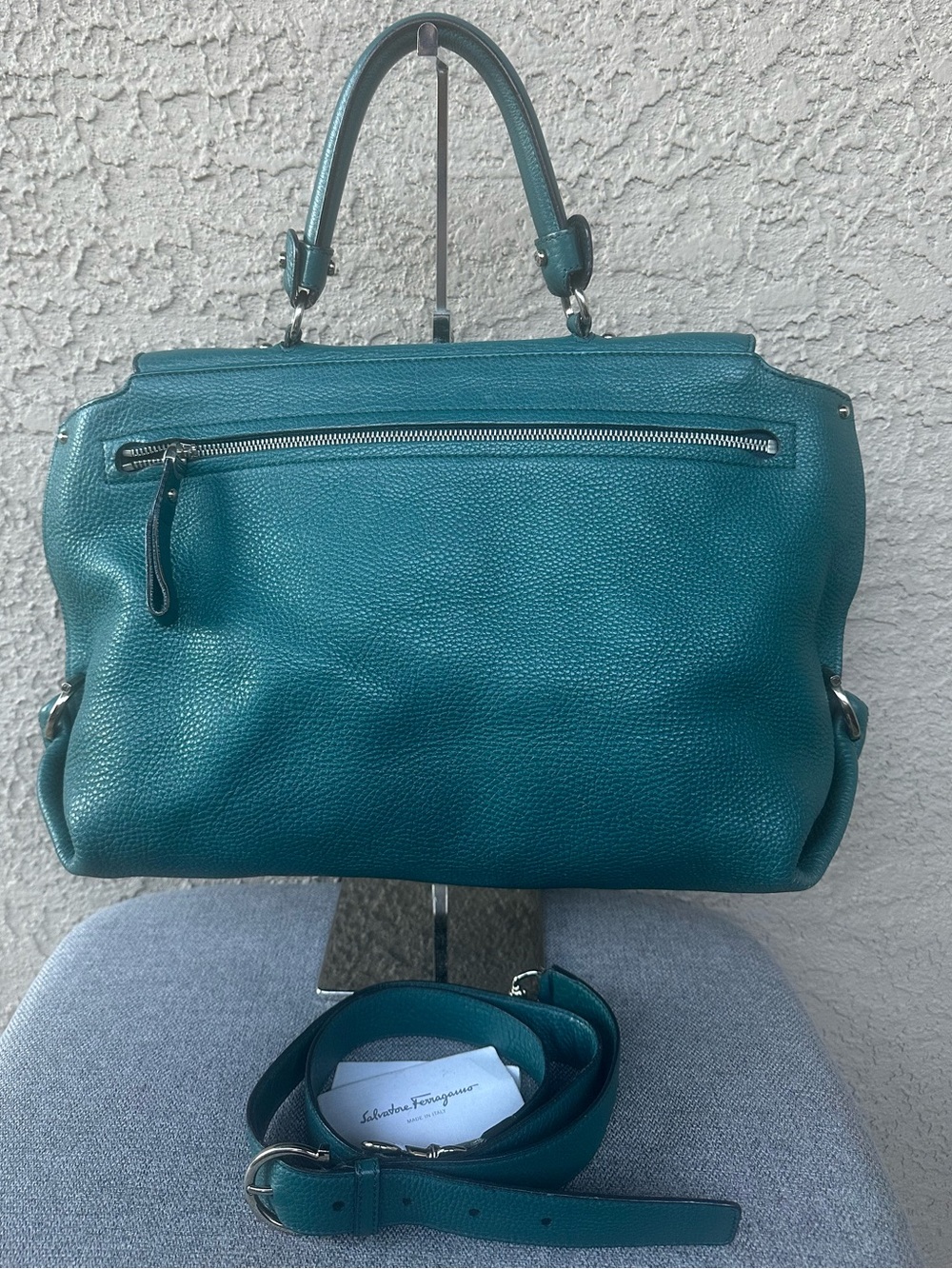 SALVATORE FERRAGAMO Teal Green Leather Top-Handle Satchel/Crossbody bag - Picture 2 of 14